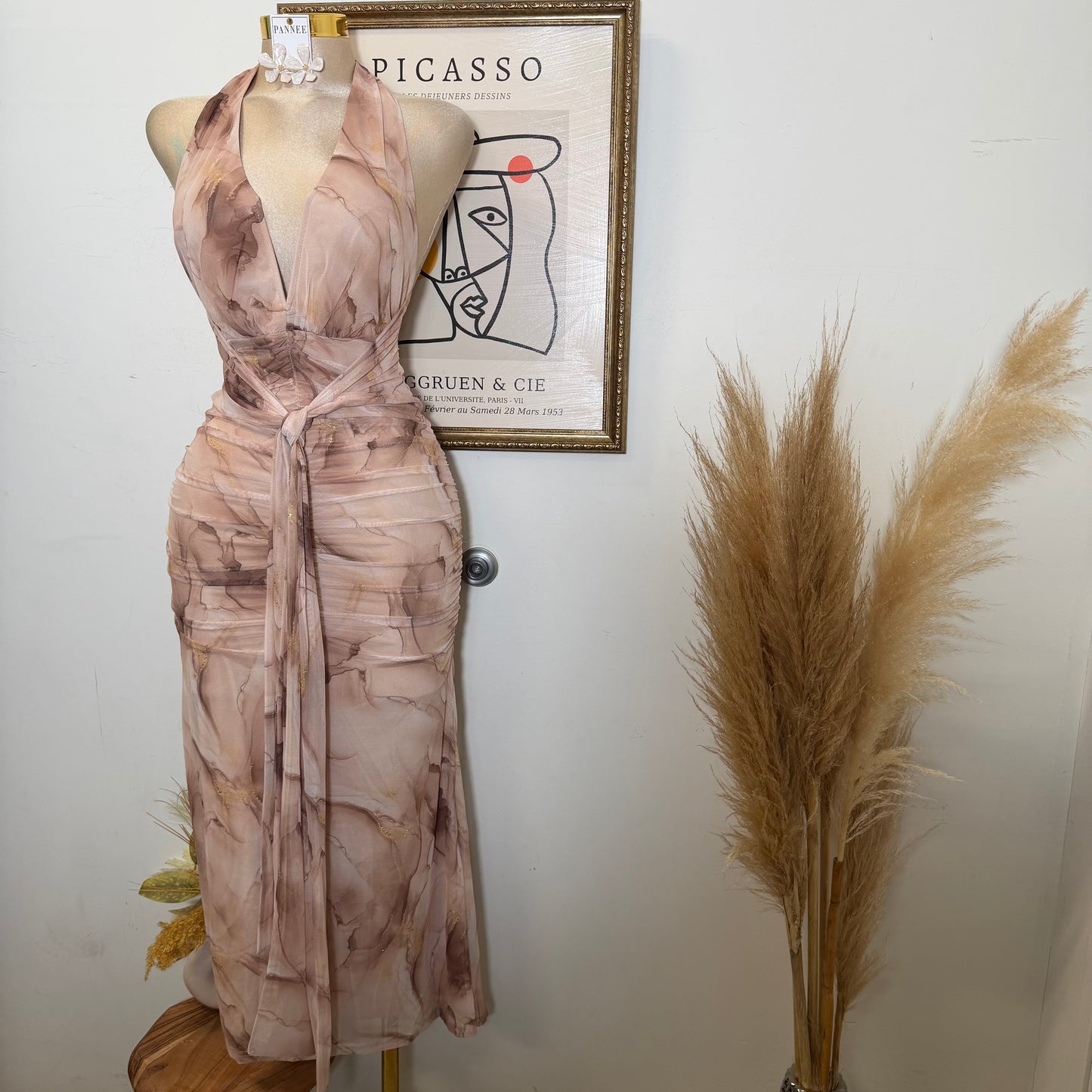Metallic Mesh Print Maxi Dress with Front Sash-Cappuccino