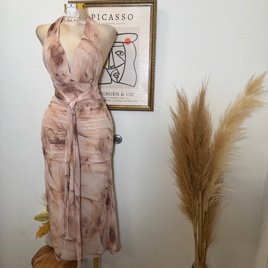 Metallic Mesh Print Maxi Dress with Front Sash-Cappuccino