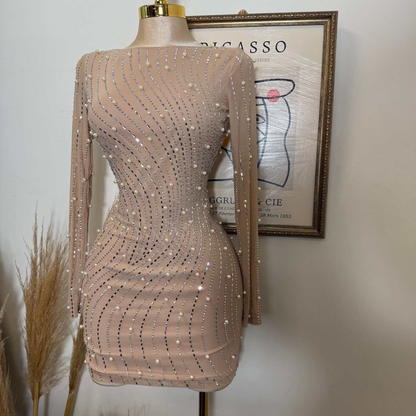 Rhinestone Trim Wave Pearl On Power Mesh Mini Dress-Nude