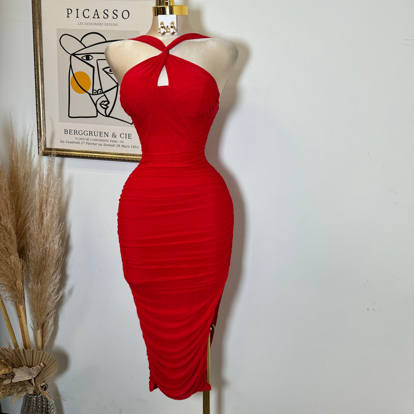 Inara Mesh Twist Halter Neck Midi Dress-Red