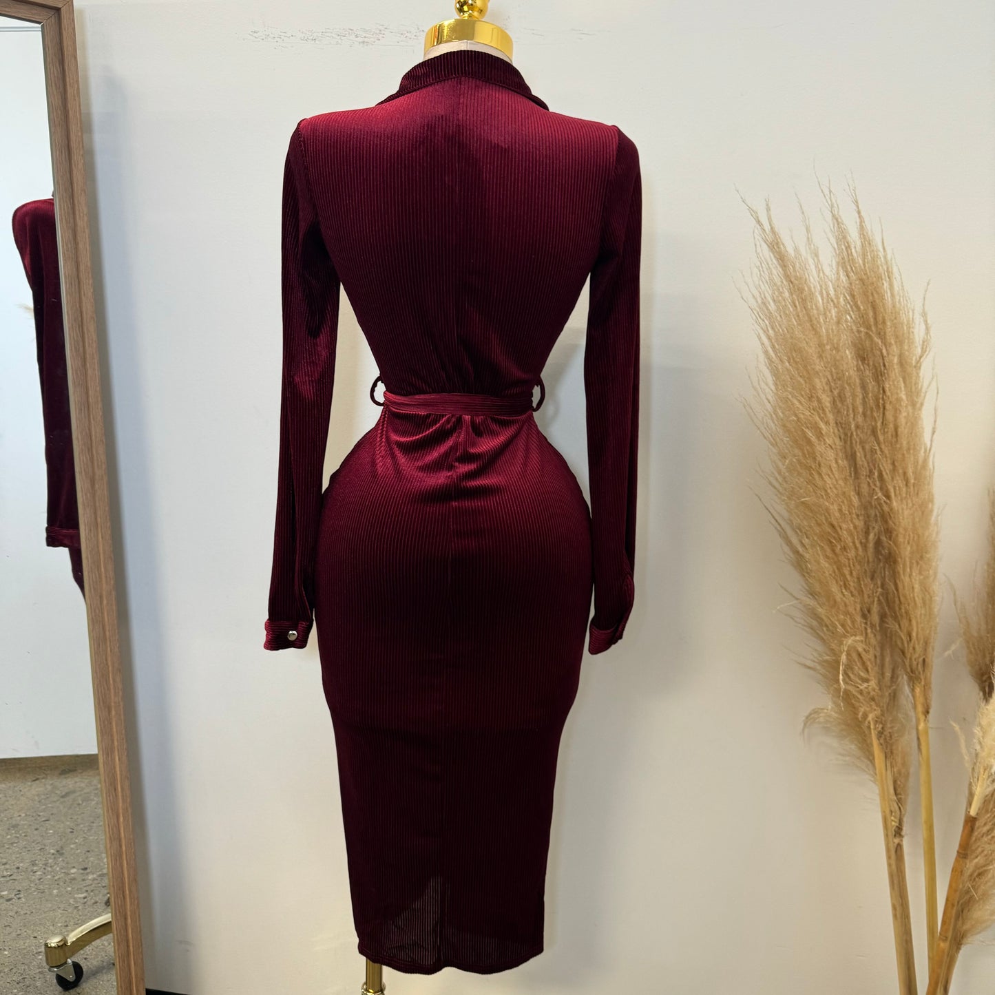 Lena Corduroy Button Down Midi Dress-Burgundy