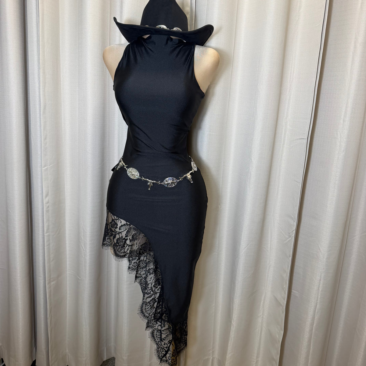 Mock neck Asymmetrical lace Detail Dress-Black