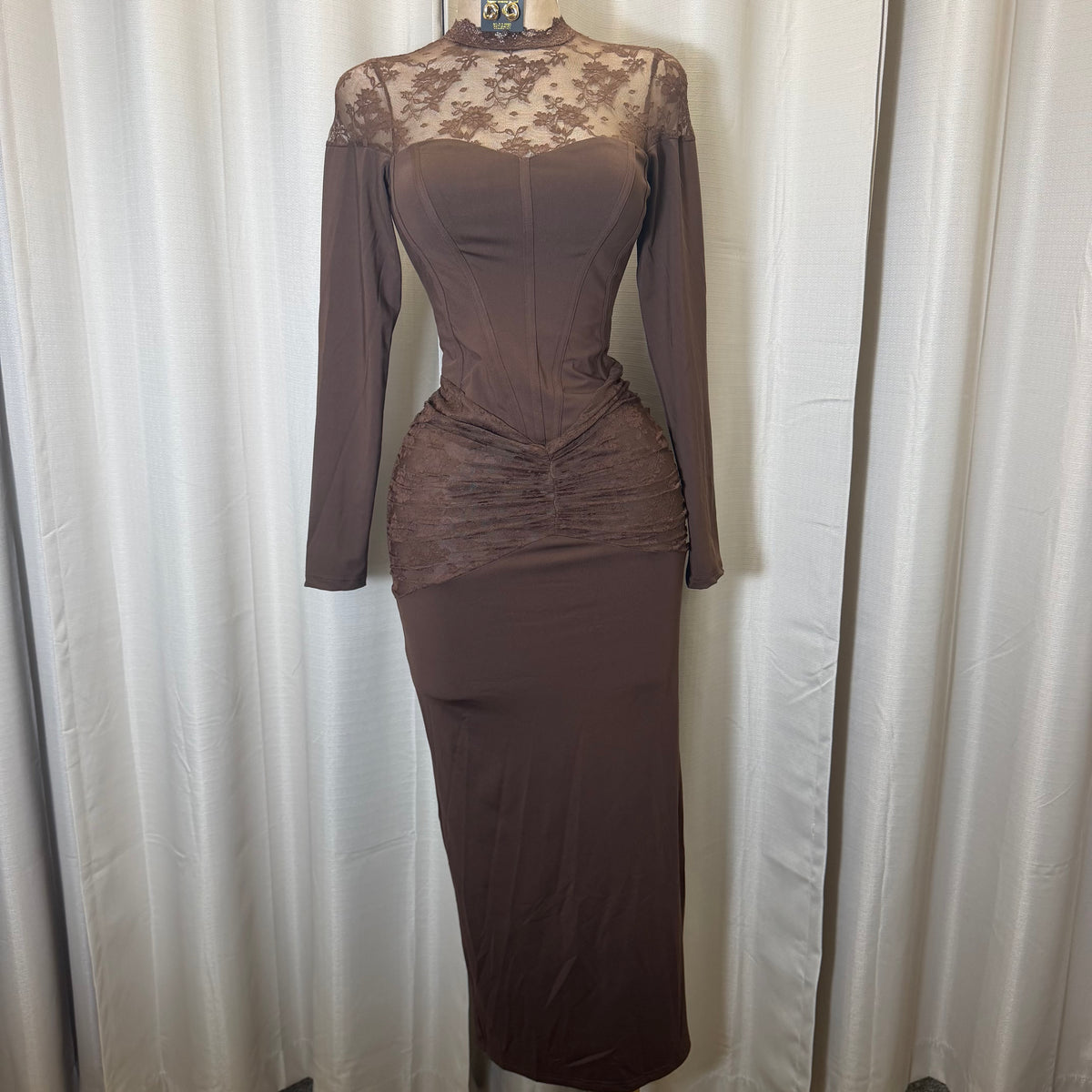 Lace Detail Long sleeve Corset Maxi Dress-Brown