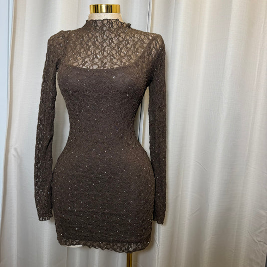 Long Sleeve Rhinestone Lace Dress-Brown
