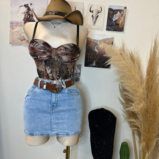 Flower Corset Cropped Top-Brown