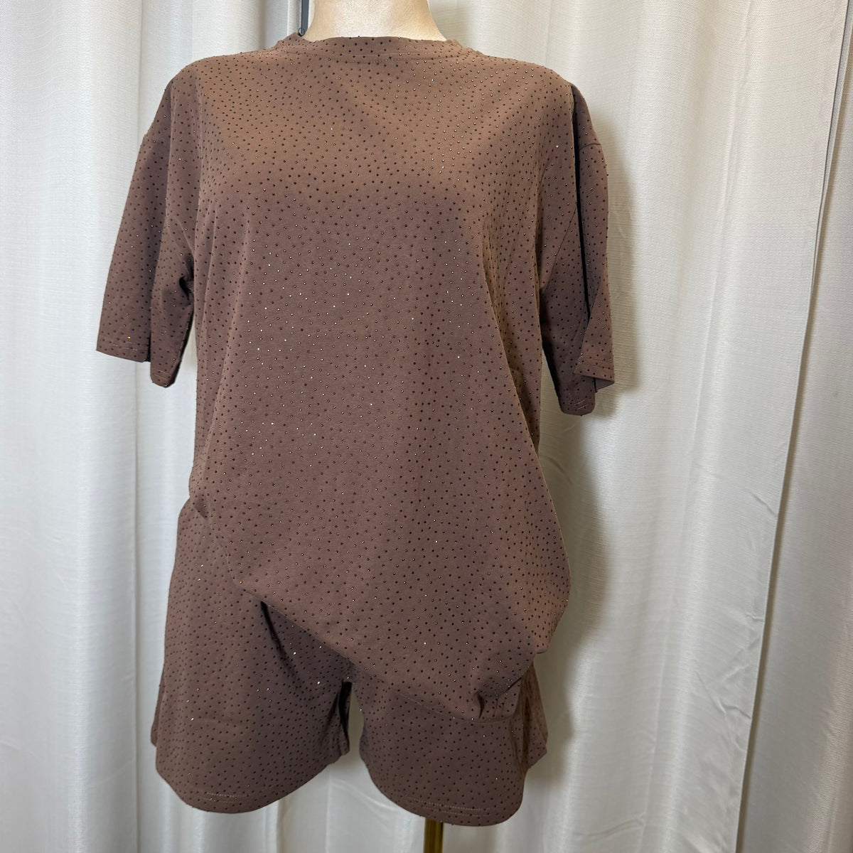Rhinestone-embellished cotton Casual Tee and Short Tee-Chocolate