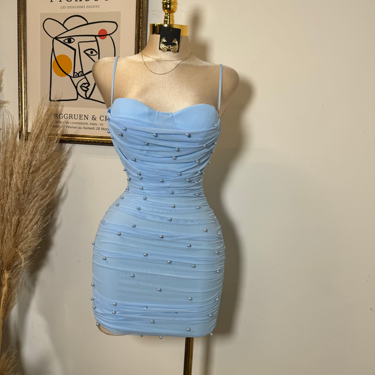 Pearl Mesh Ruched Sleeveless Mini Dress-Baby Blue