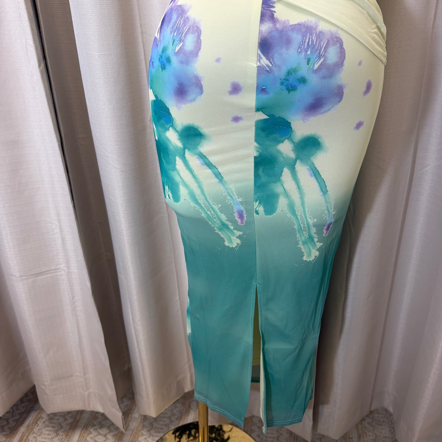 Flower Print Mesh Midi Dress-Yellow/Turquoise combo