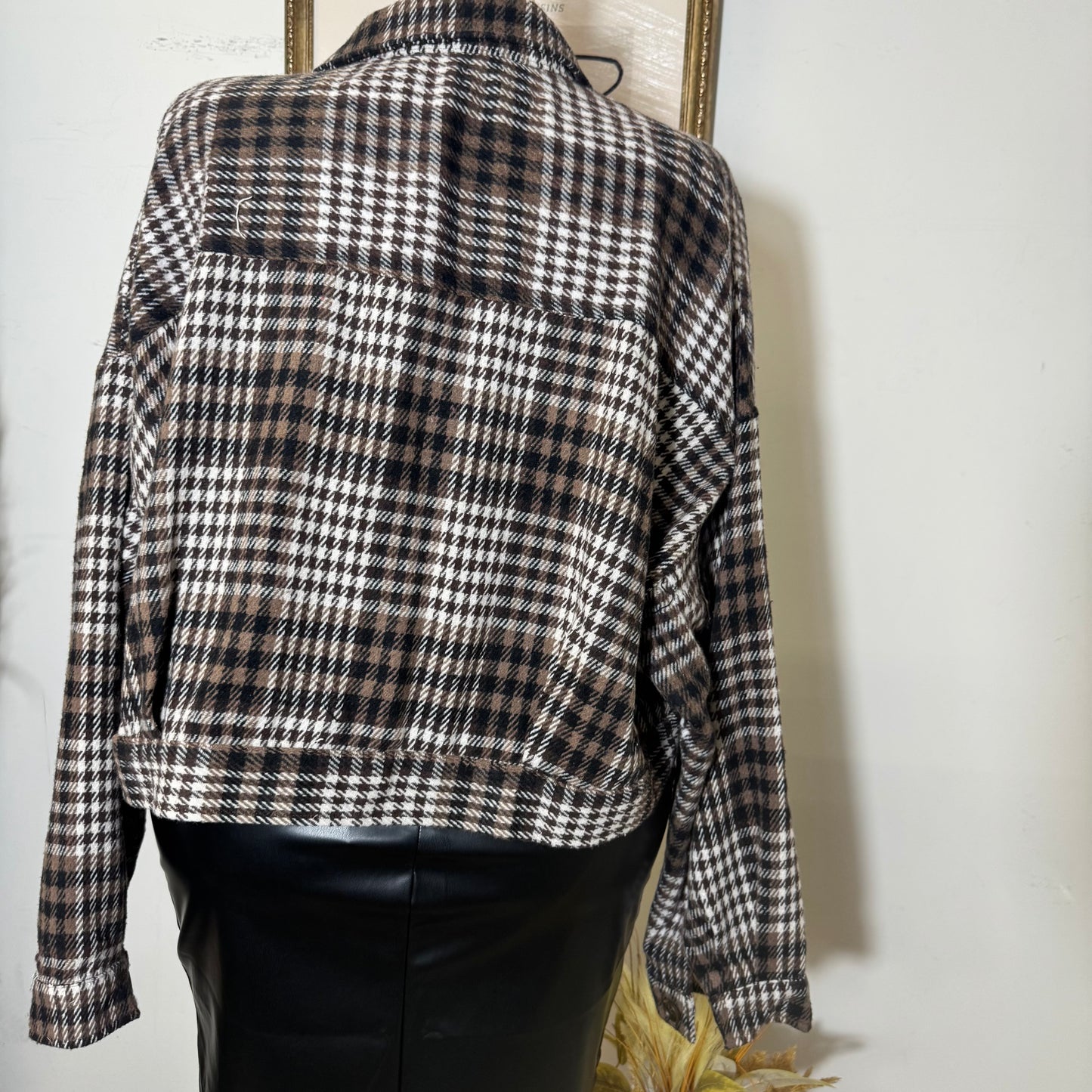 Cropped Button Down Plaid Jacket-Brown