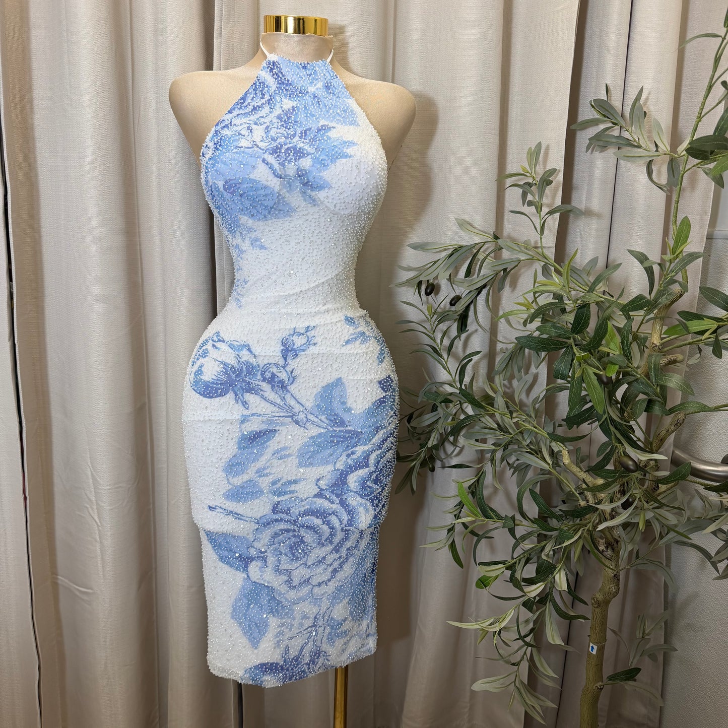 Halter Neck Open back Midi Dress-Blue/white