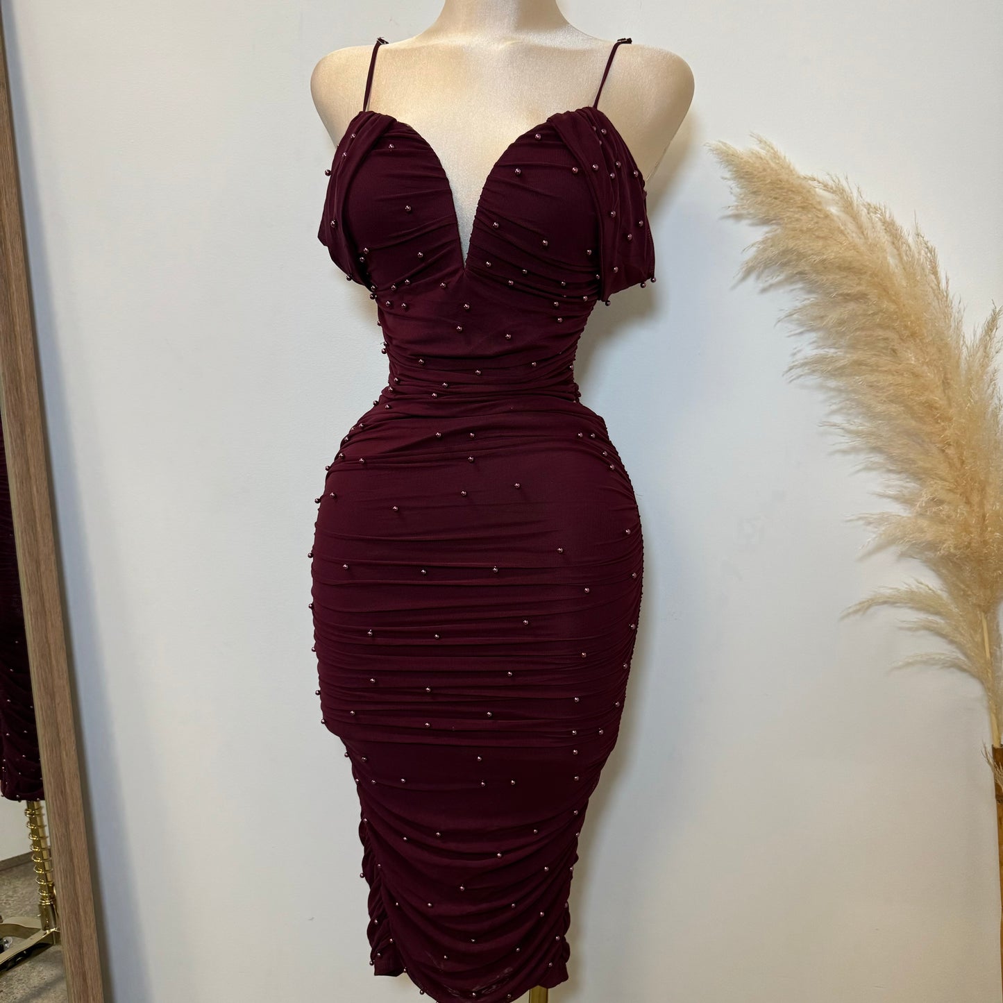 Aria Pearl Midi Dress- Burgundy