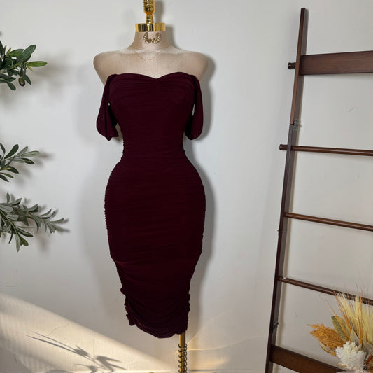 LUXE GLITTER MESH OFF SHOULDER RUCHED MIDI DRESS-Cherry