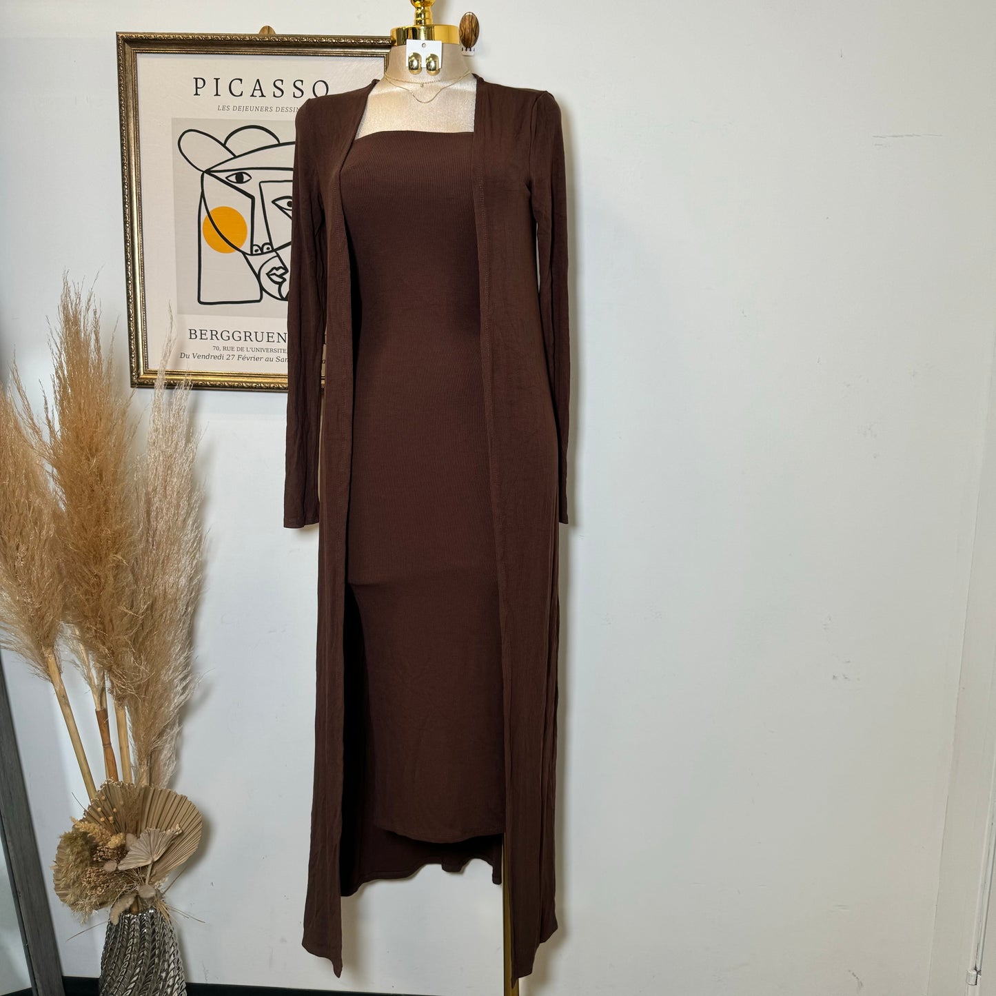 Strapless Ribbes Dress with Cardigan-Brown