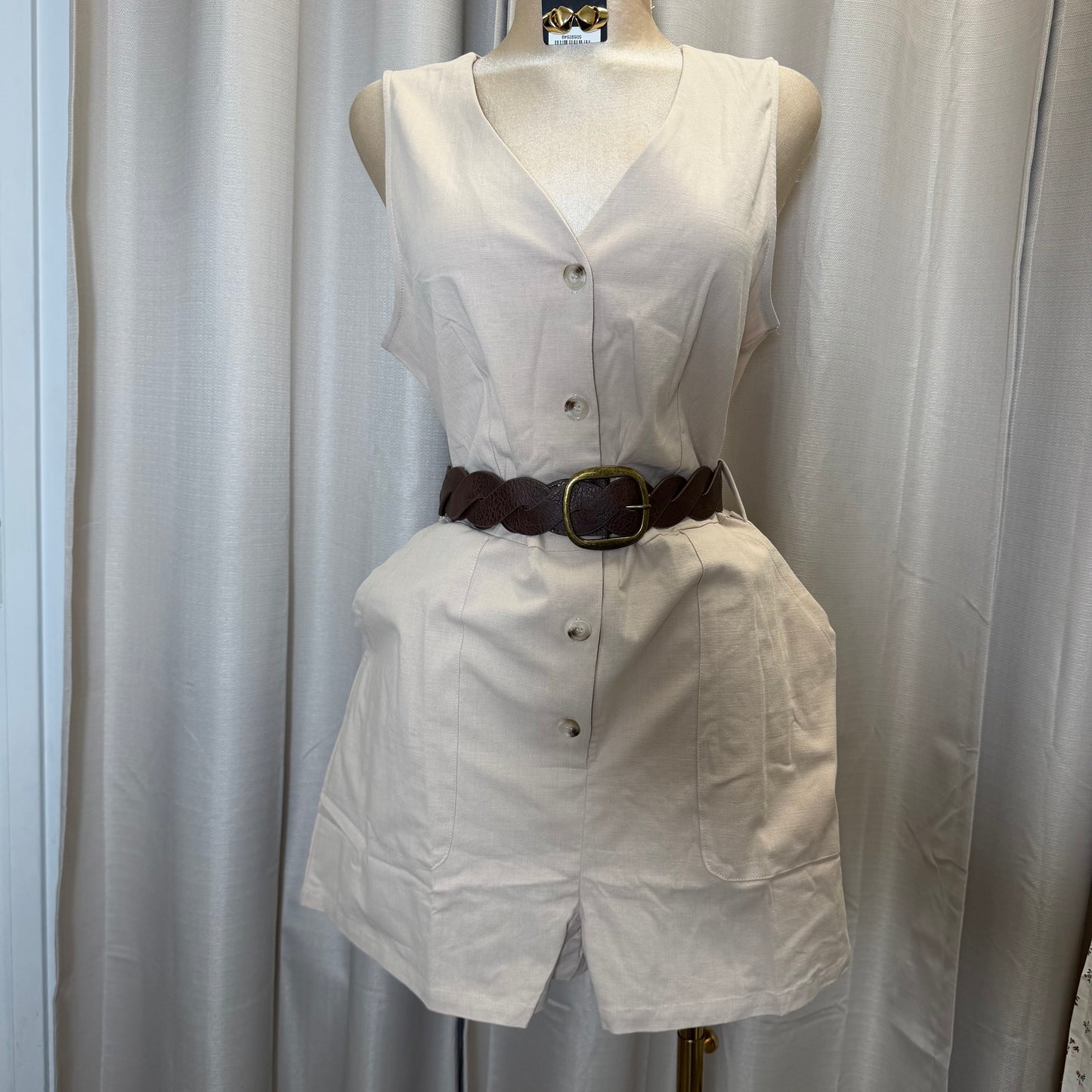 PL-Solid Sleeveless Romper With Belt-Khaki