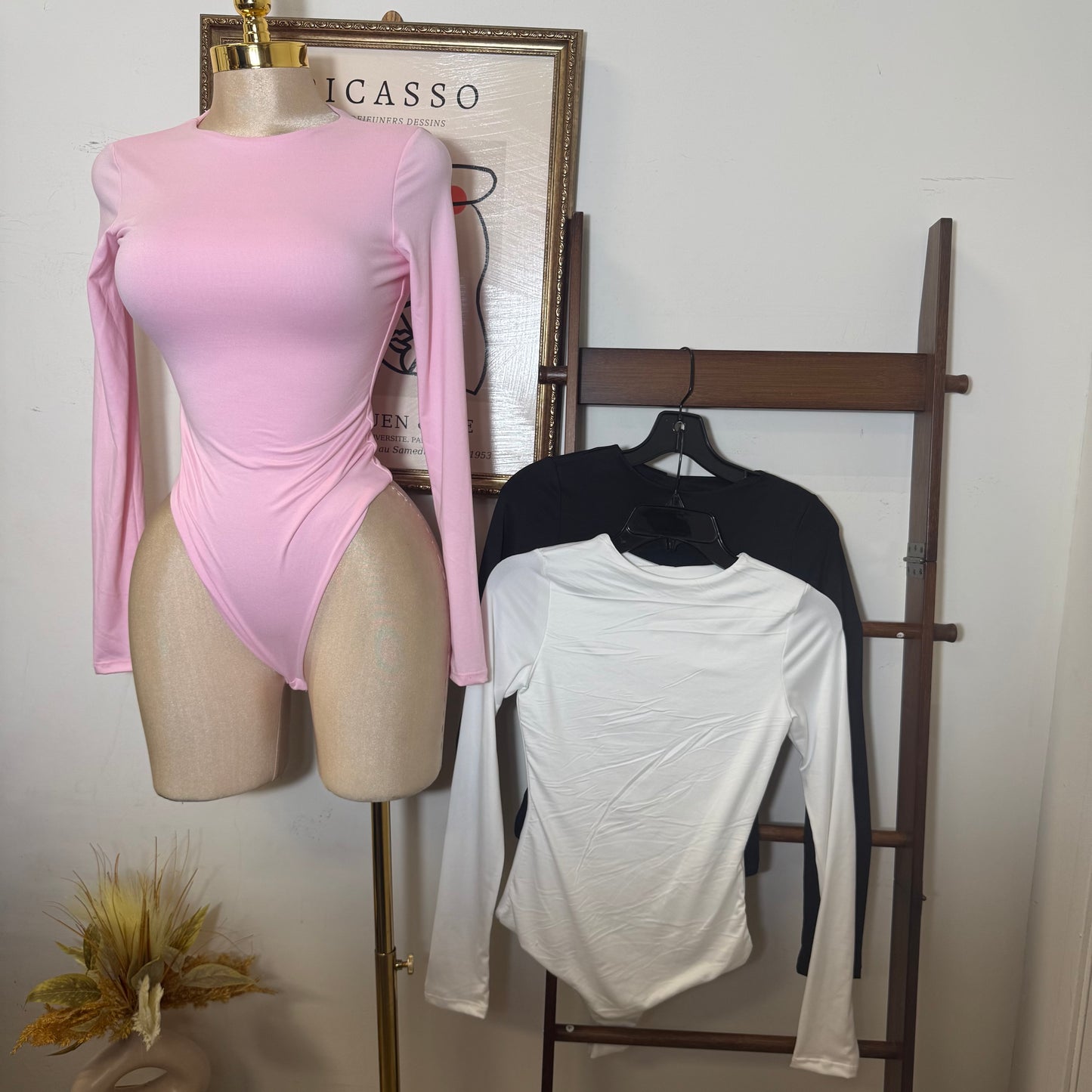 Long Sleeve Crew Neck Thong Bodysuit-Baby Pink
