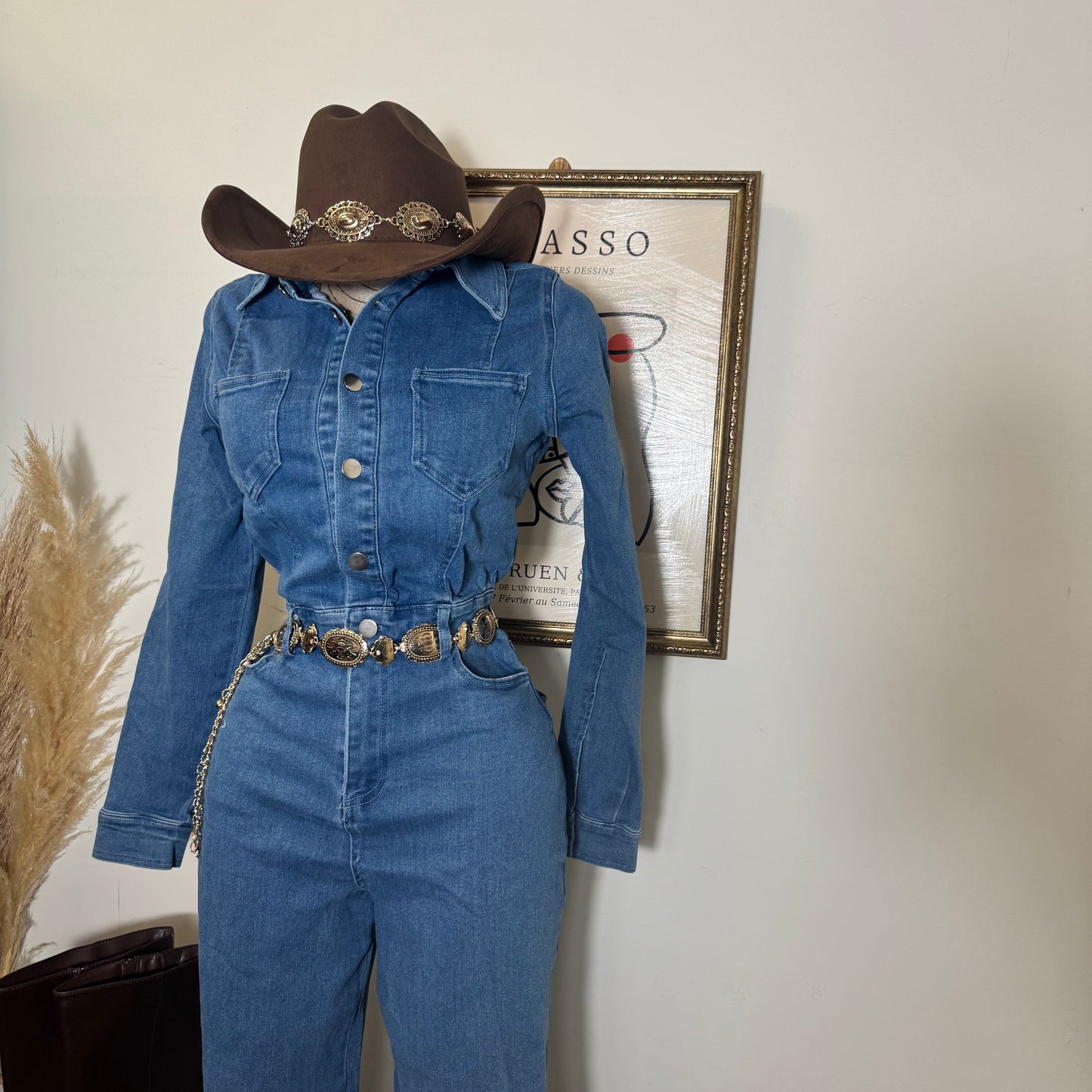 Denim Button Long Sleeve Jumpsuit -Medium Wash