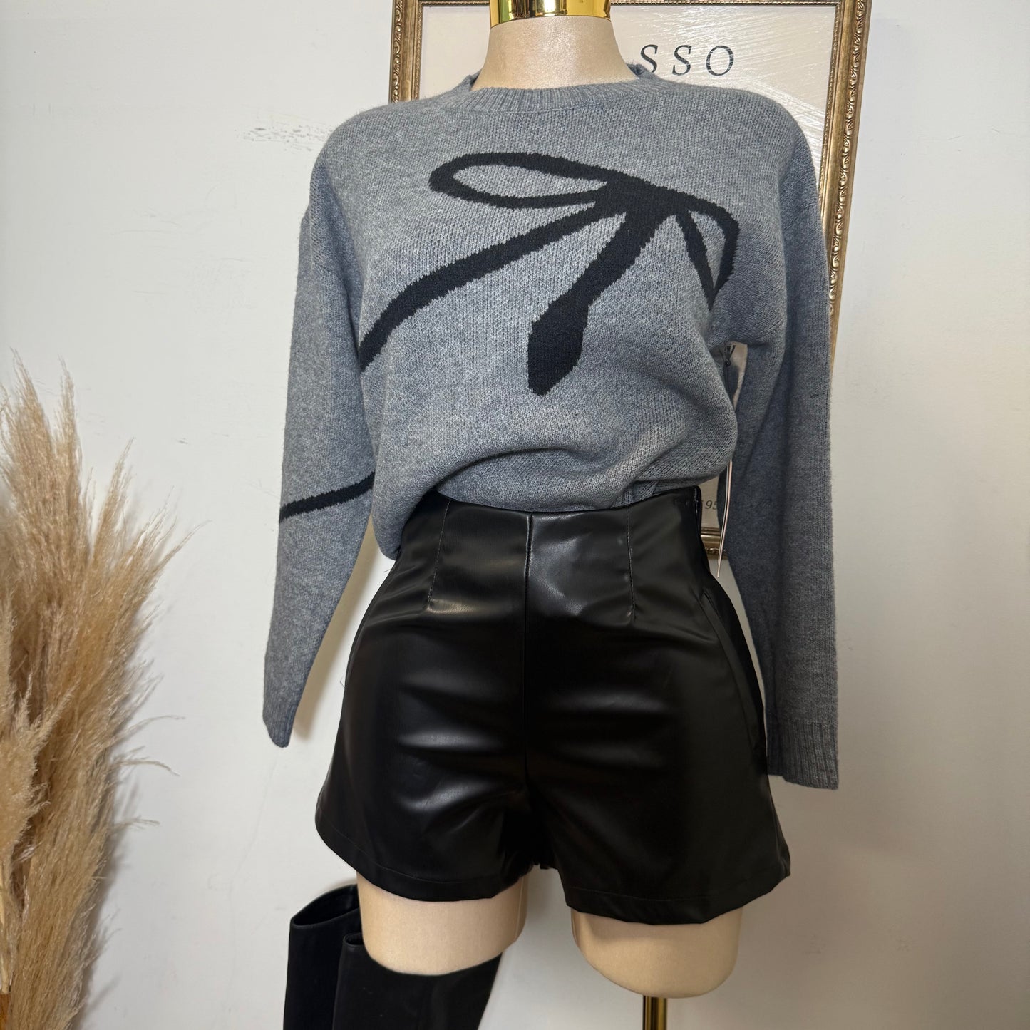 Ribbon Jacquard Sweater Top-Heather Grey