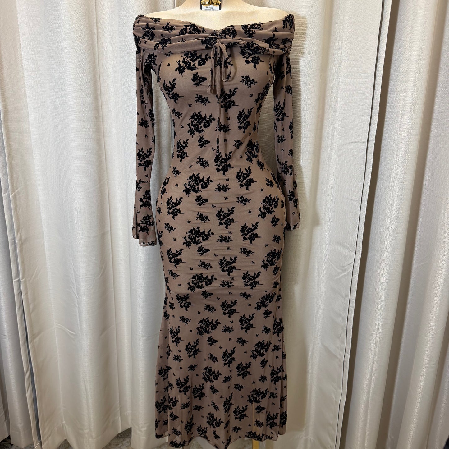 Flocked Long Sleeve Mesh off shoulder maxi Dress-Brown/Black