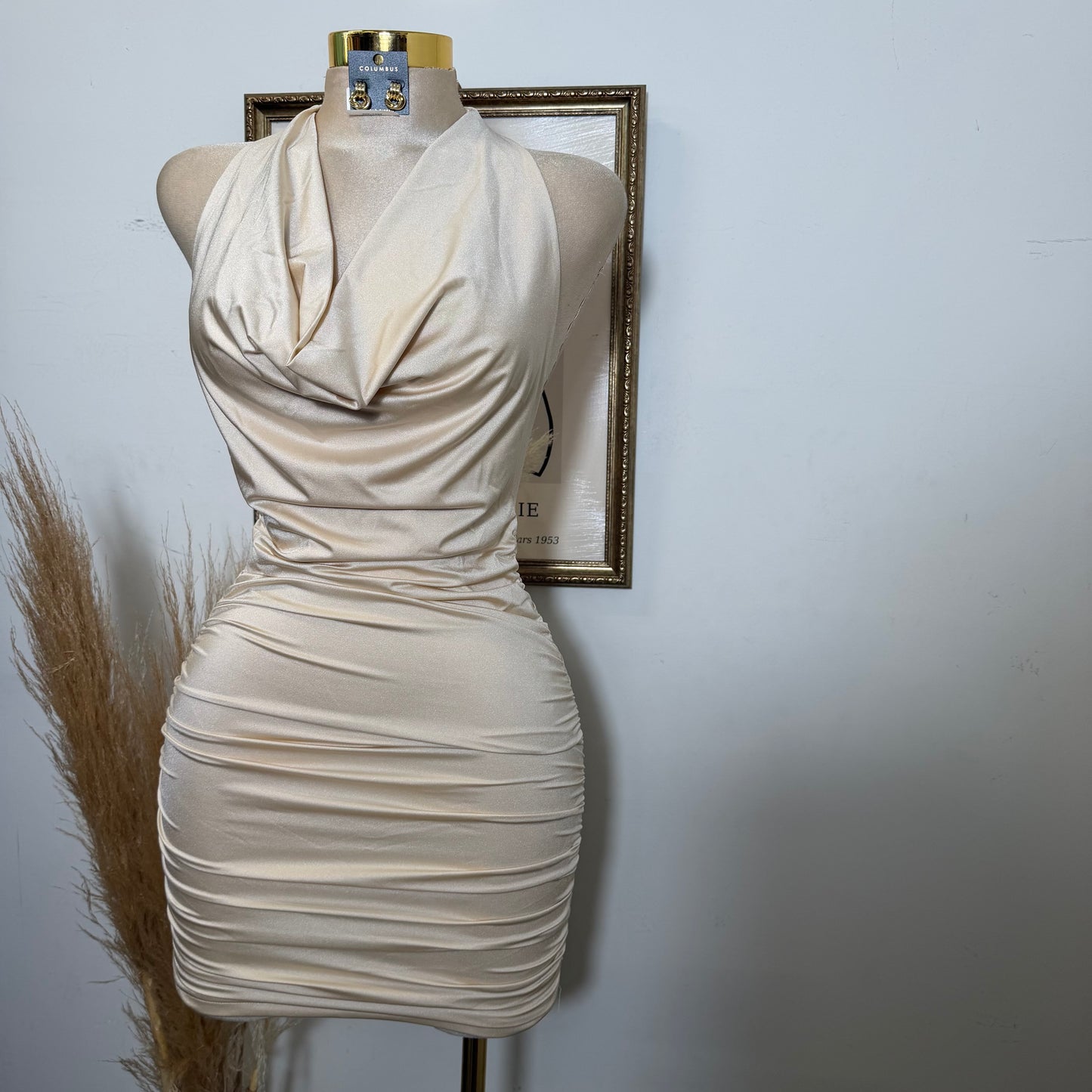 Cowl Mock Neck Ruched Mini Dress-Champagne