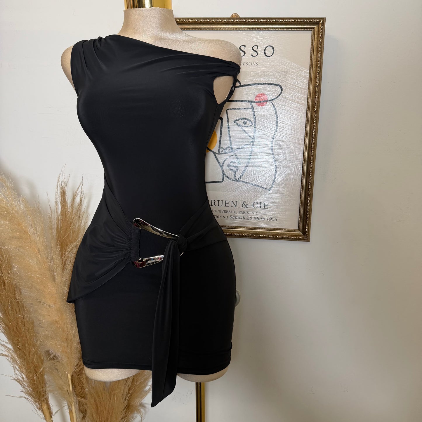 Halter Drape Trim Detail Mini Dress-Black