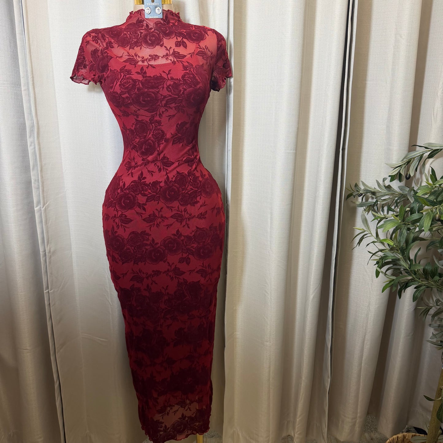 Luxi Mesh Flower Print Dress-Burgundy