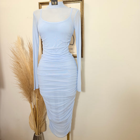Solid Mesh Mock Neck Midi Long Sleeve Dress-Baby Blue