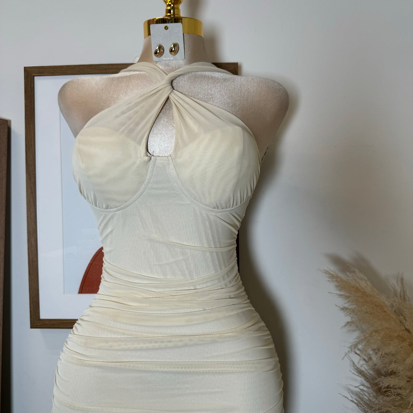 Inara Mesh Twist Halter Neck Midi Dress-Ivory1