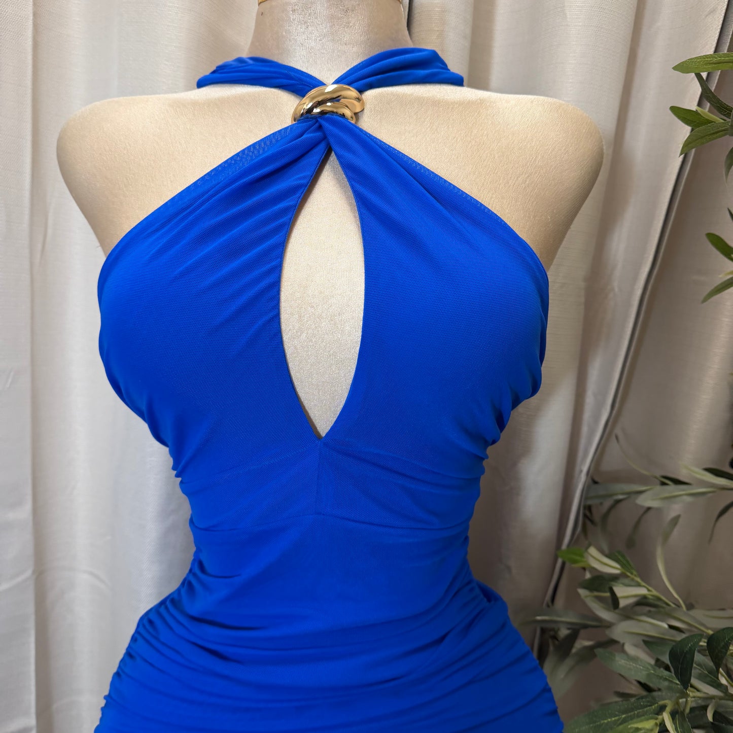 Halter Neck Trim Inset Ruched Bodycon Midi Dress-Royal Blue