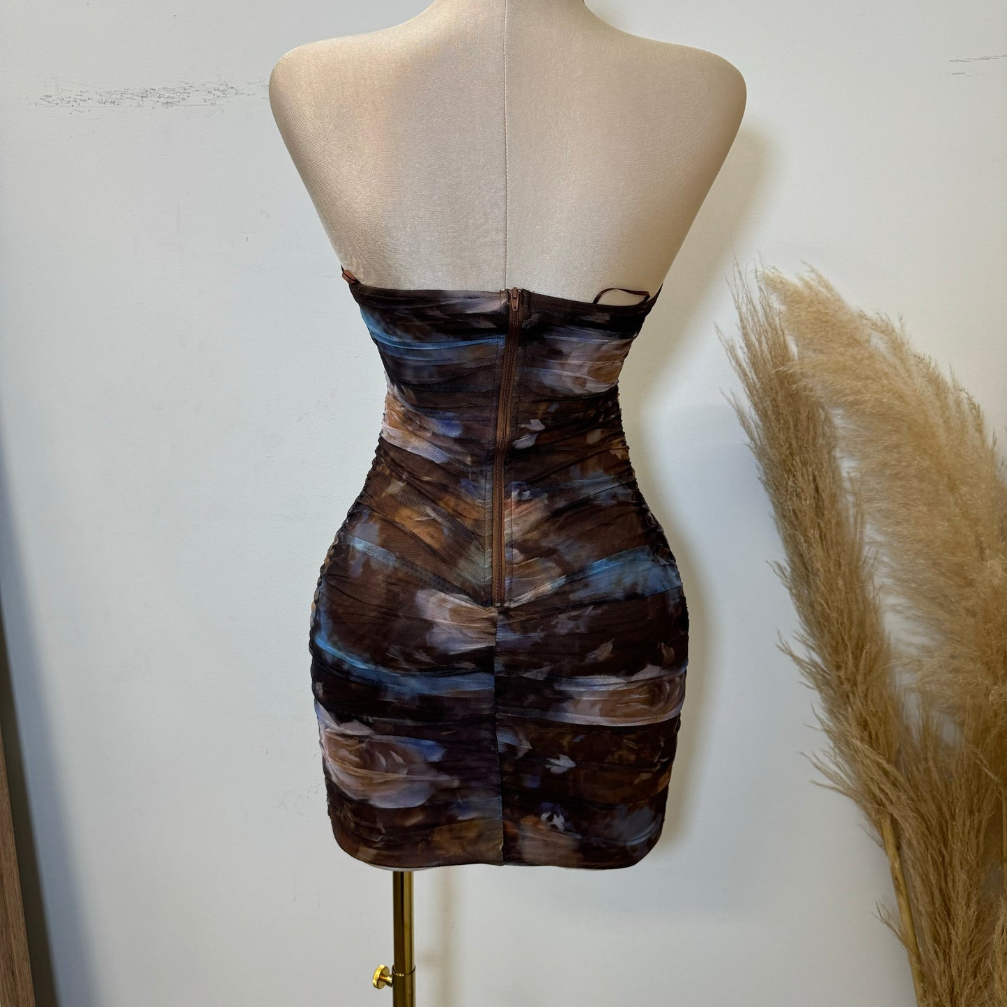 Floral Print Mesh Tube Mini Dress-Brown