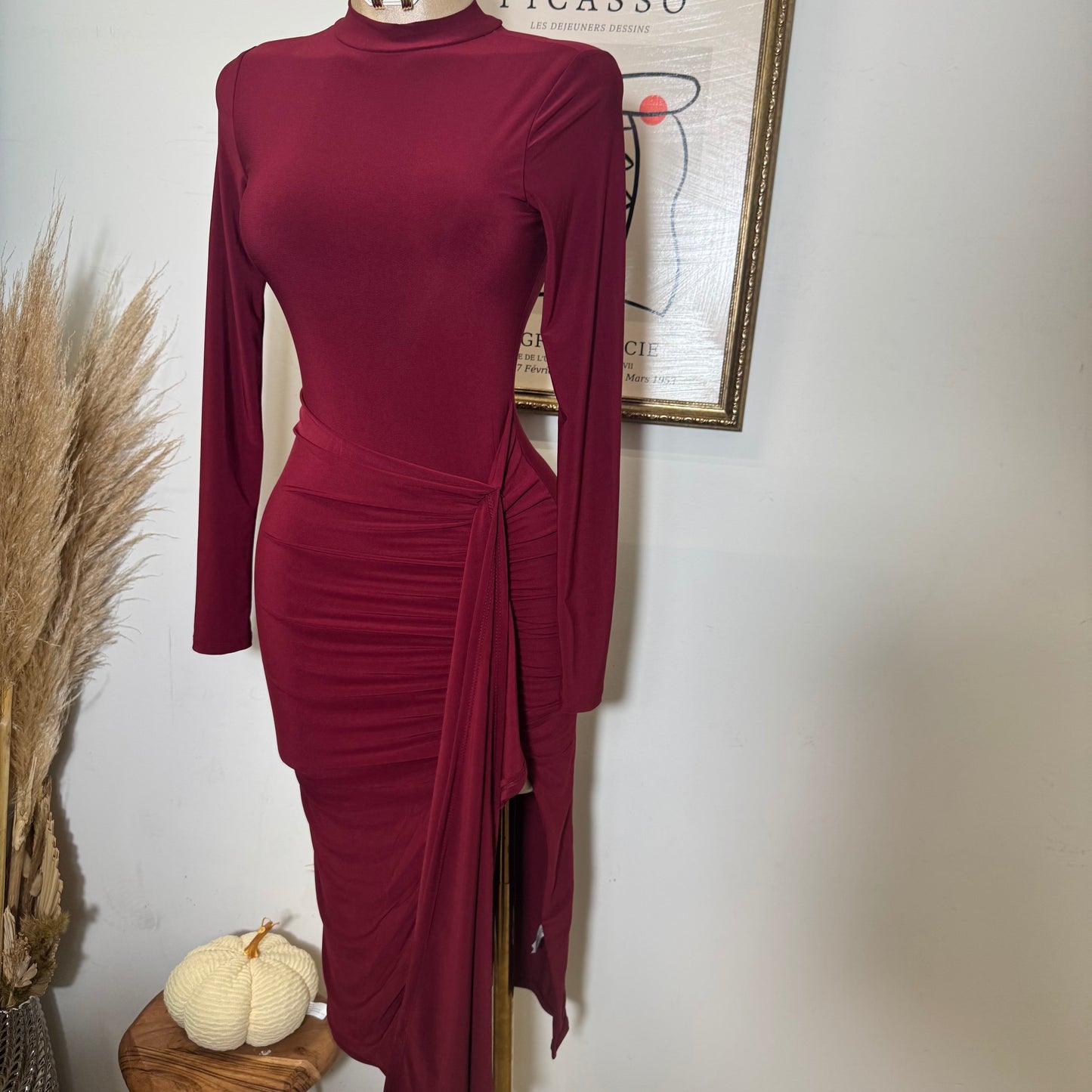 Mock Neck Ruffle Midi Dress-Wine