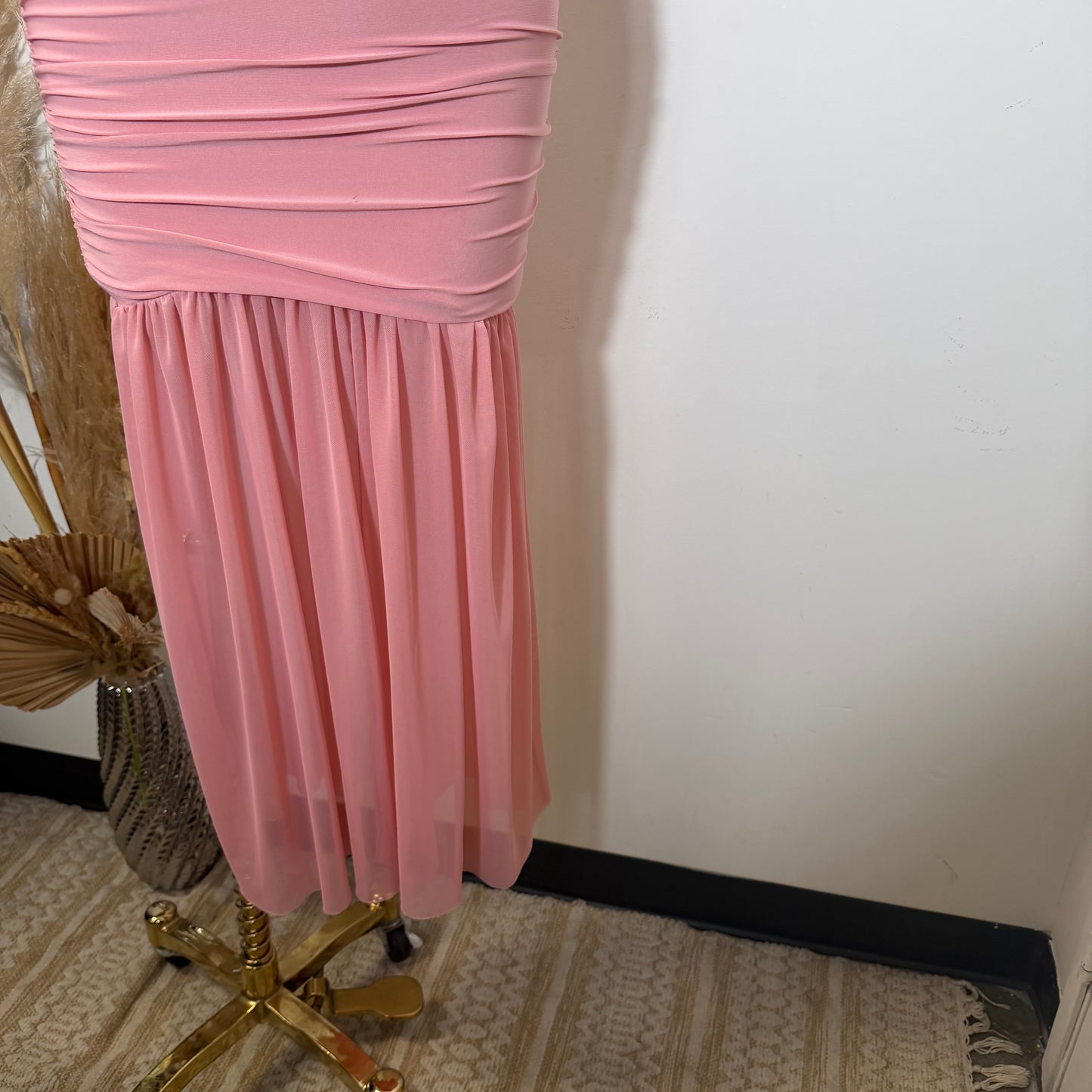 Mesh & Knit Mix Long Dress-Pink