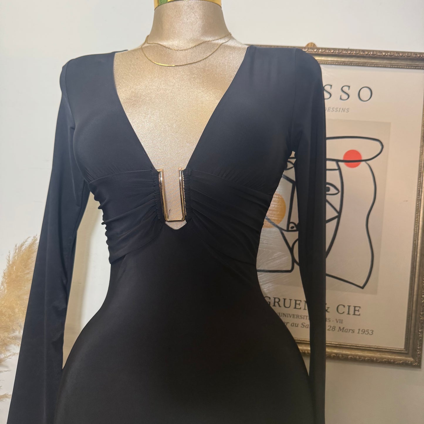 Long Sleeve Plunging Mini Dress-Black