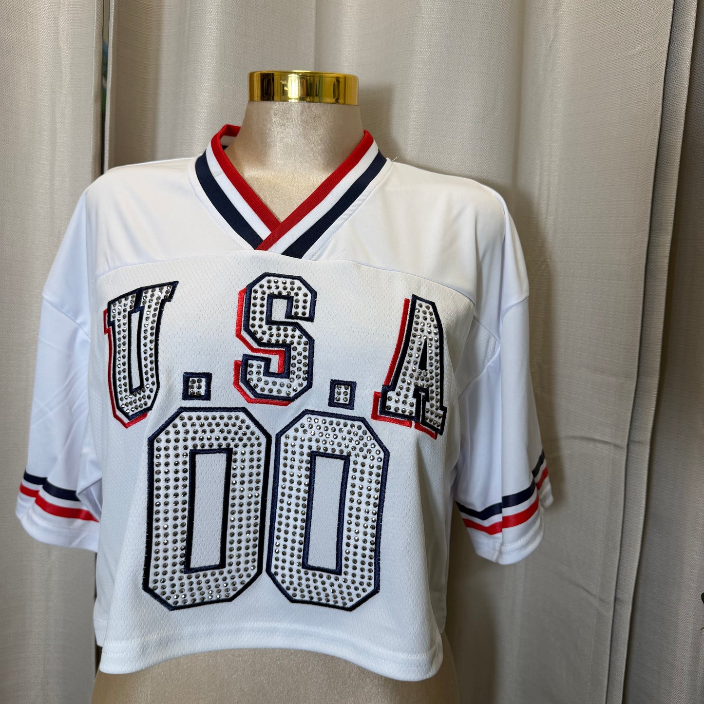 USA Rhinestone Crop Top -White