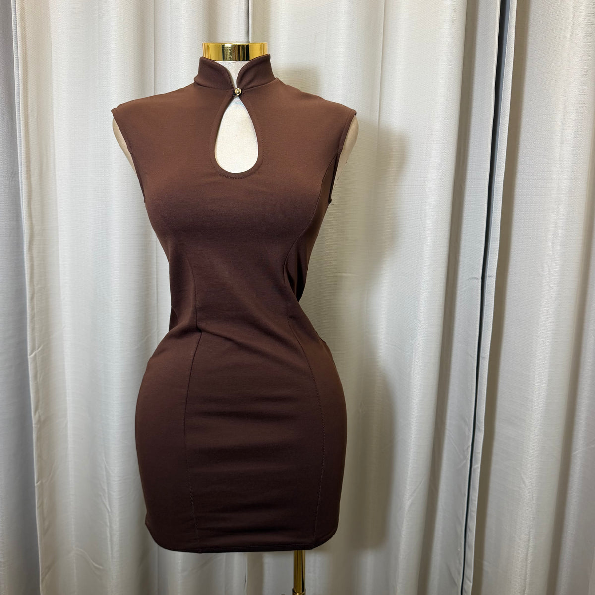 Mock neck Keyhole Ponte Mini Dress-Brown