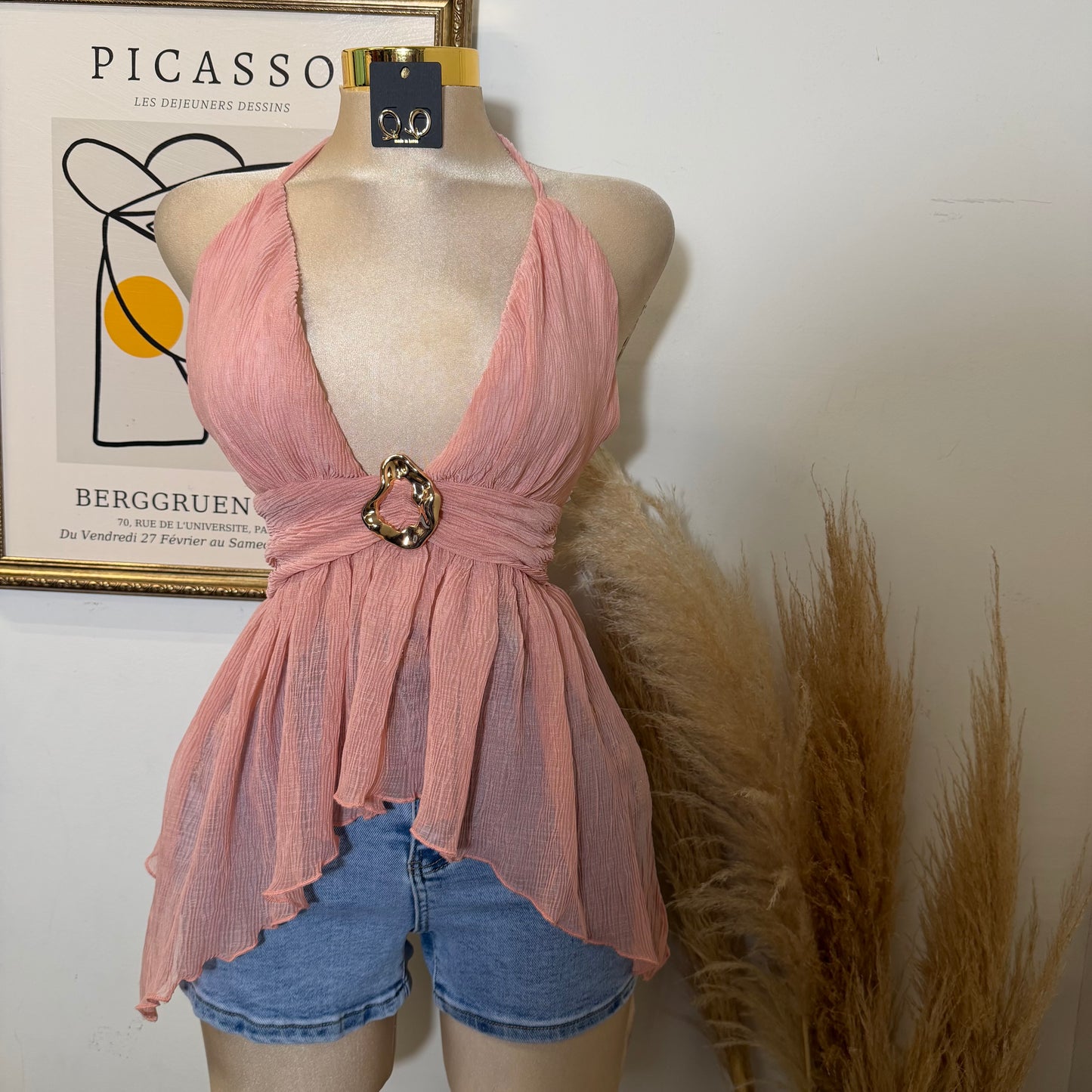 Textured Open back Top With Trim-Pink