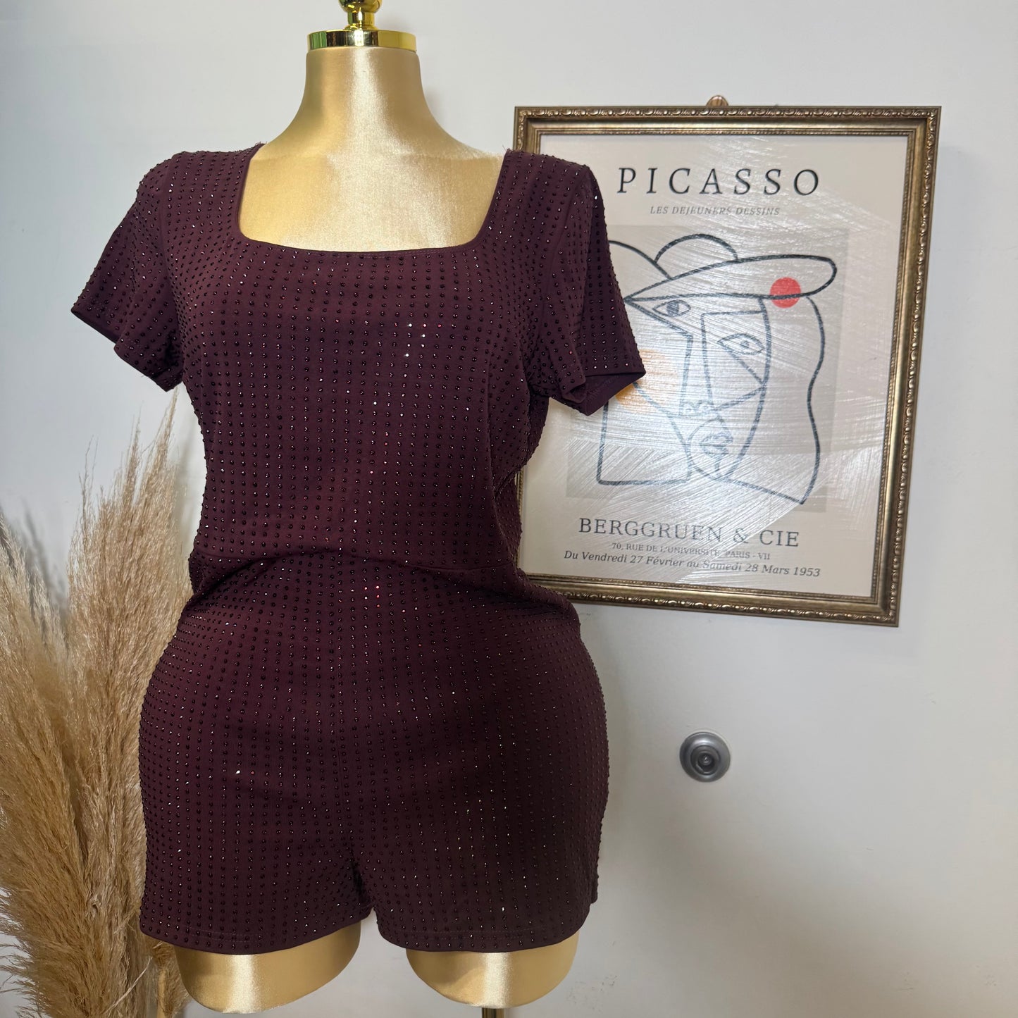 PL Shorts Sleeve Rhinestone Romper-Burgundy