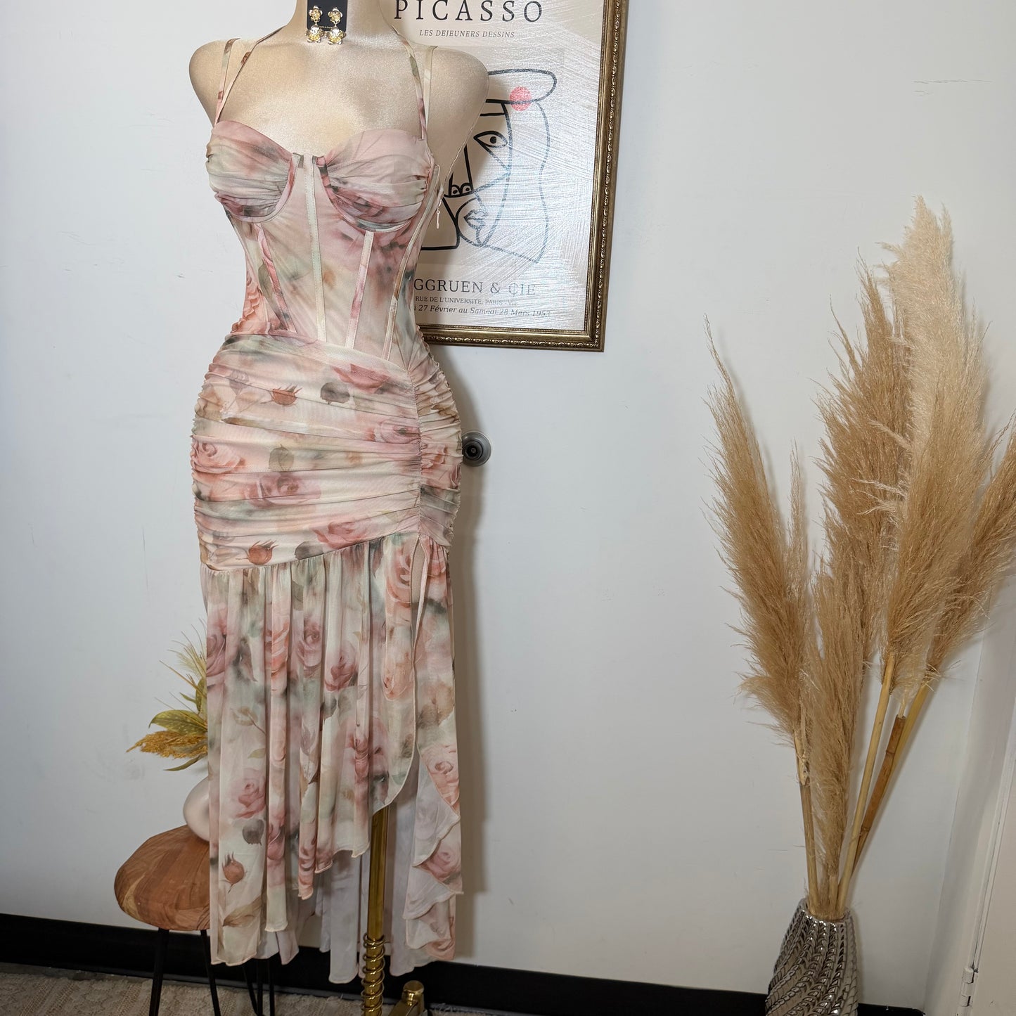 Ruched Asymmetric Corset Gown in Floral Mesh Print-Peachy /Nude