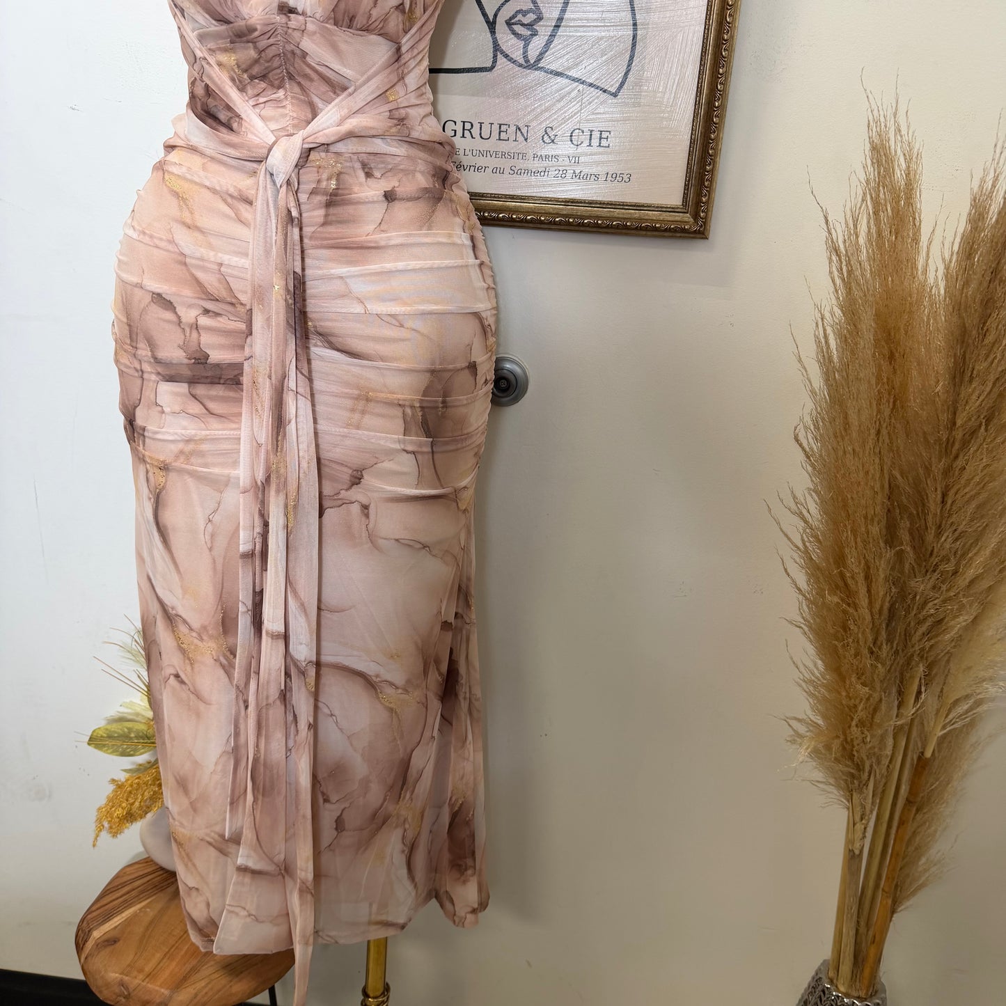 Metallic Mesh Print Maxi Dress with Front Sash-Cappuccino