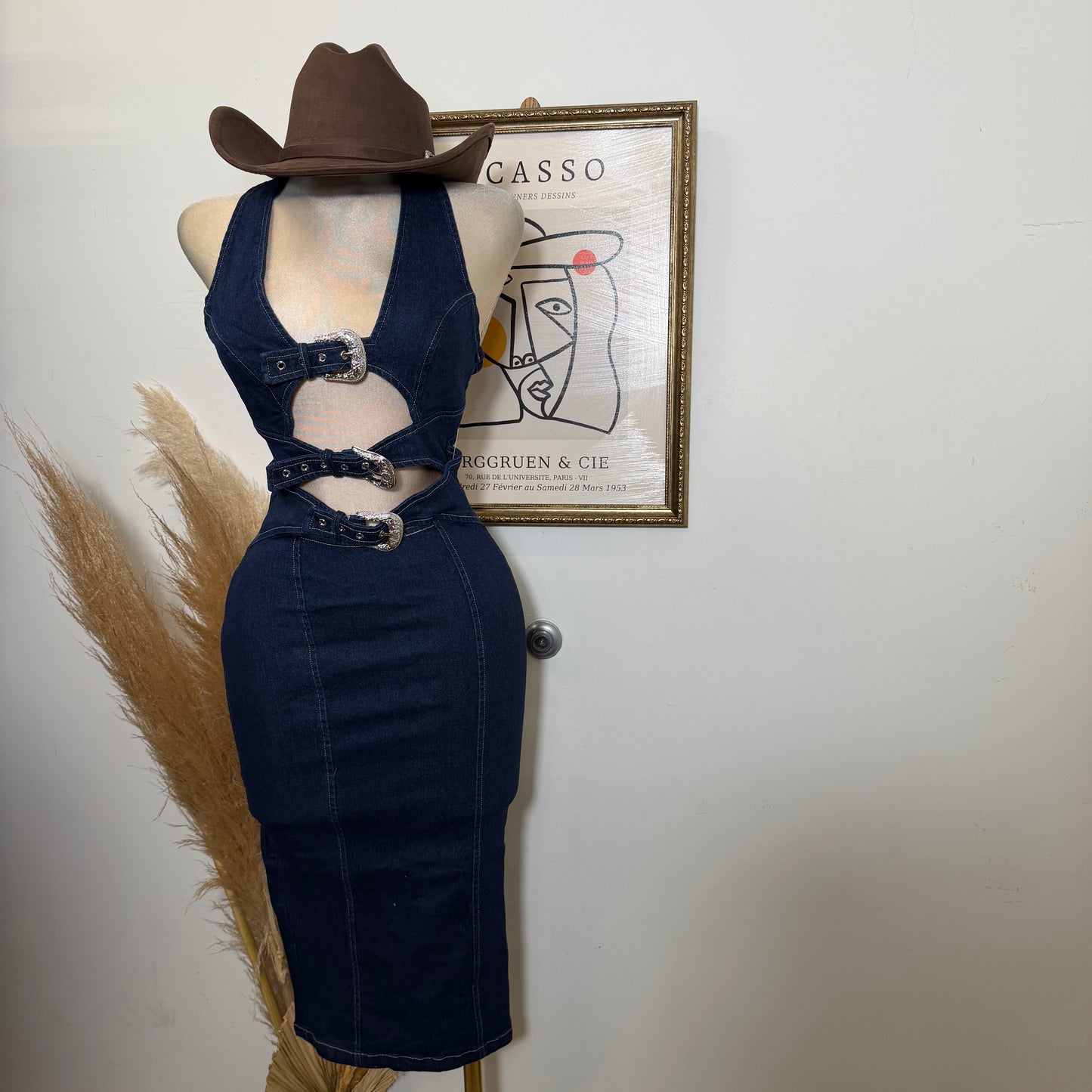 Buckle Detail Midi Dress-Navy