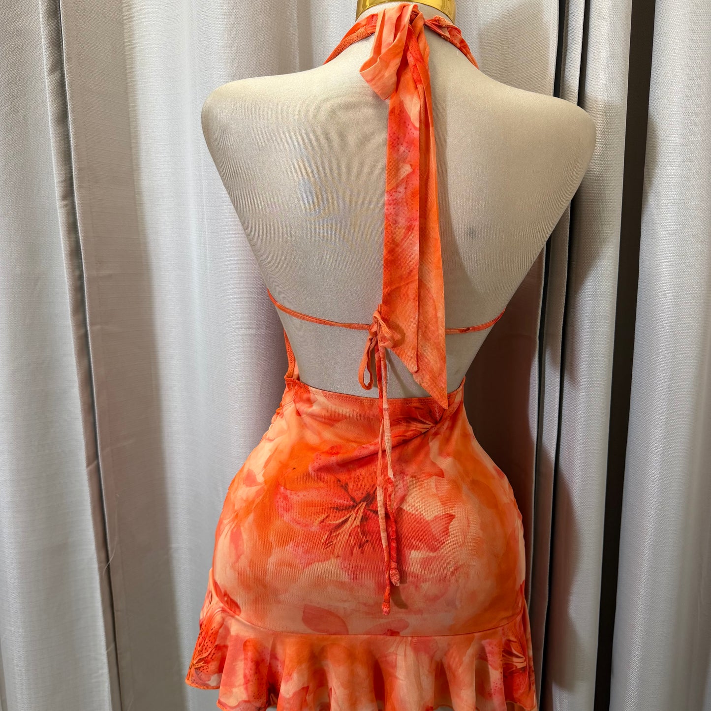 Halter Cowl Neck Flower Dress-Orange