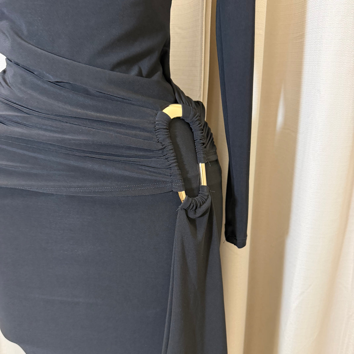 Square Neck Gold Trim Midi Dress-Black