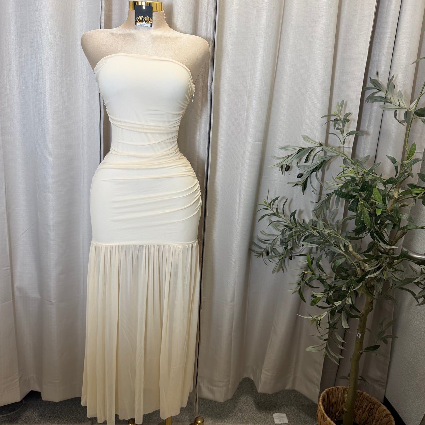 STRAPLESS RUCHED BODICE DROP WAIST MAXI DRESS-Cream