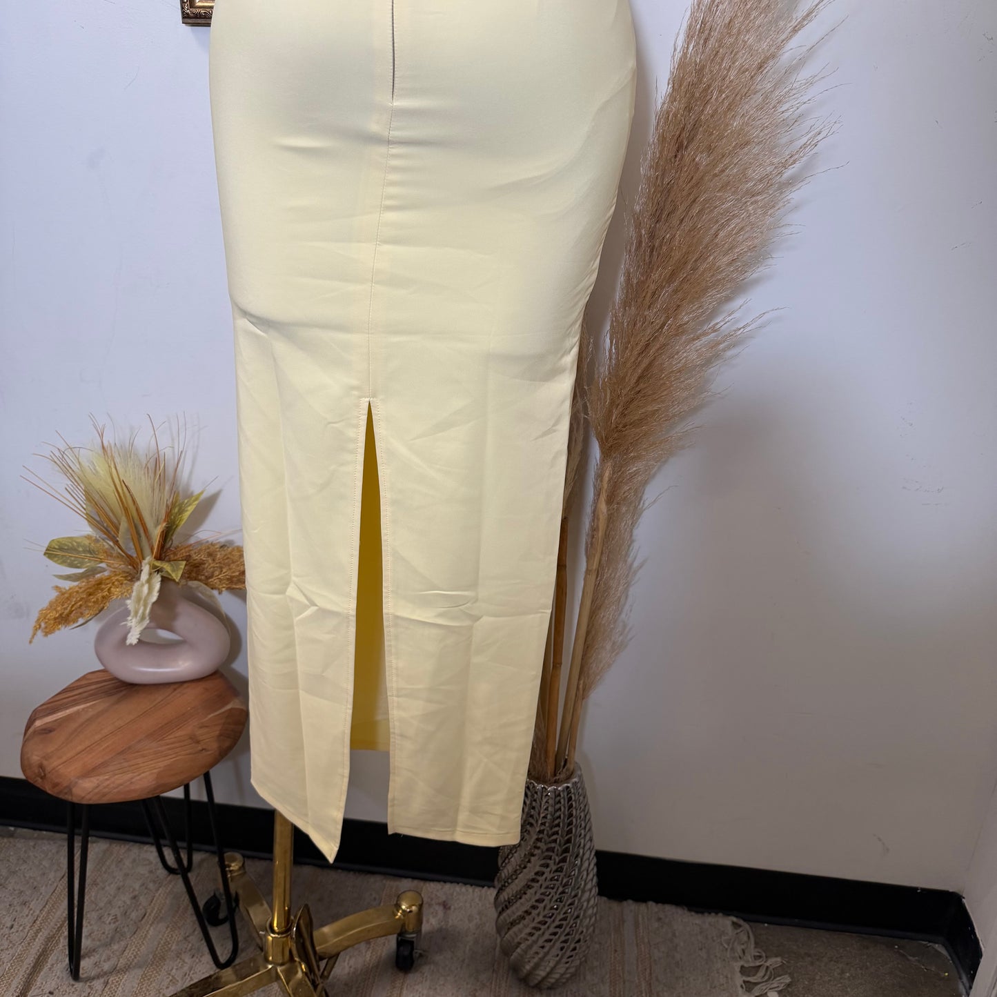 Halter Neck Structured Back Slit Maxi Dress-Baby Yellow