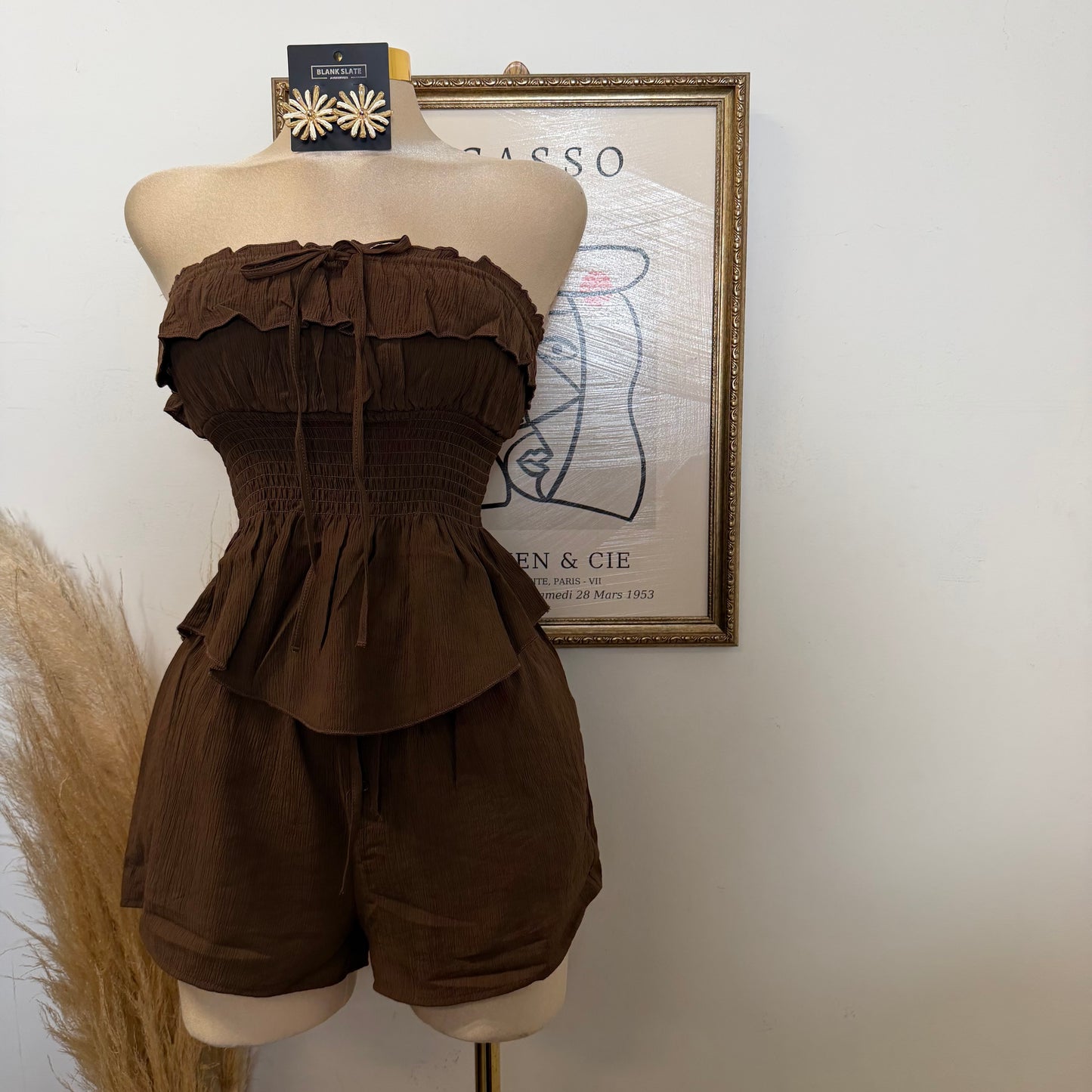 Smocked Tube Top Shorts Two piece set-Choco