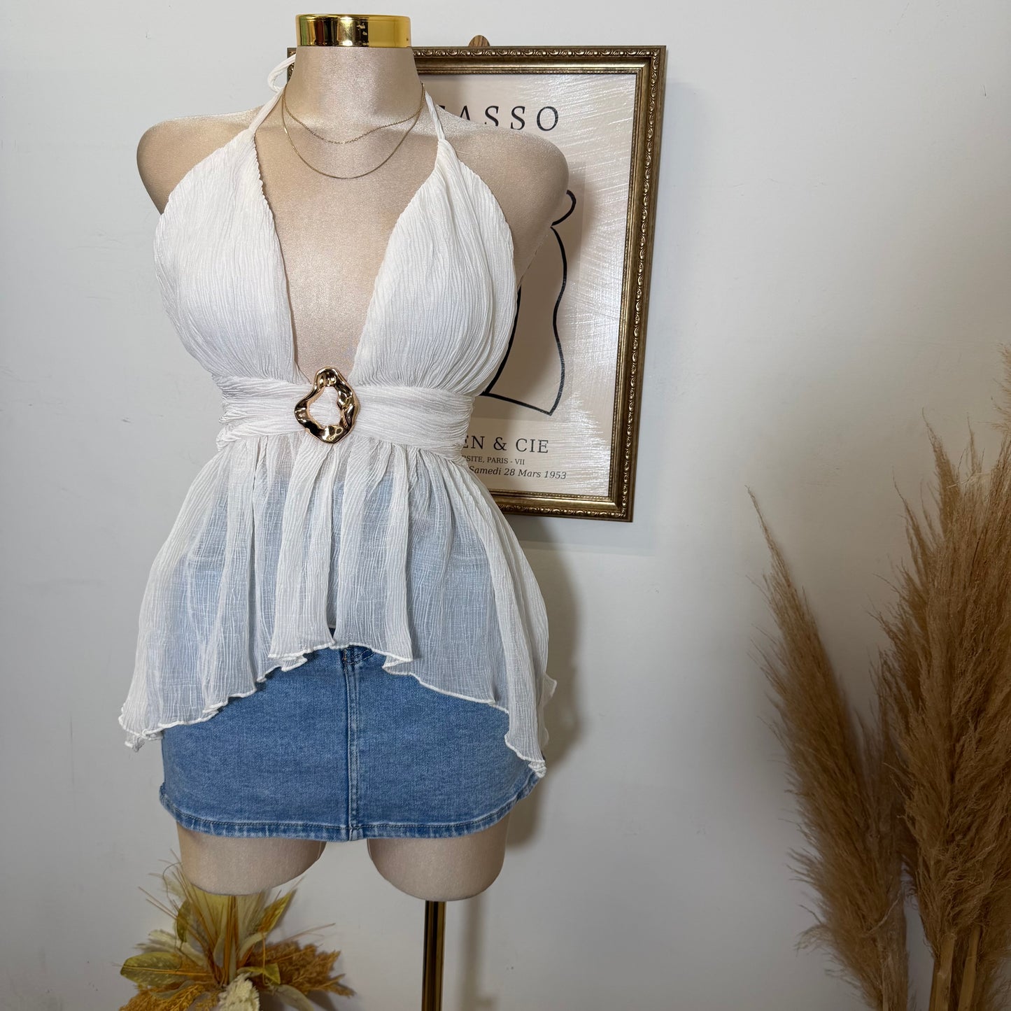 Textured Open back Top With Trim-Ivory