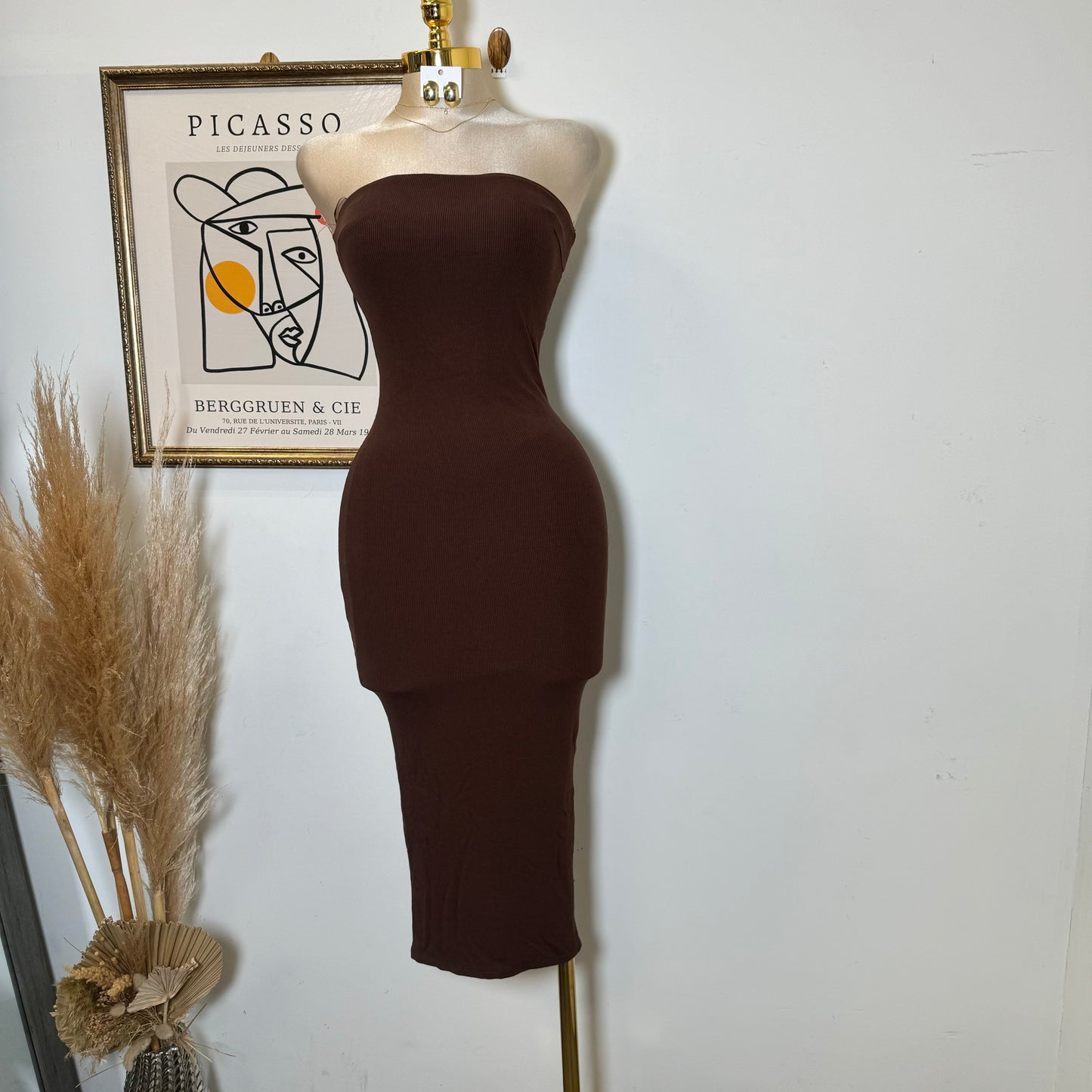 Strapless Ribbes Dress with Cardigan-Brown