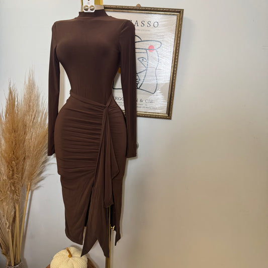 Mock Neck Ruffle Midi Dress-Brown