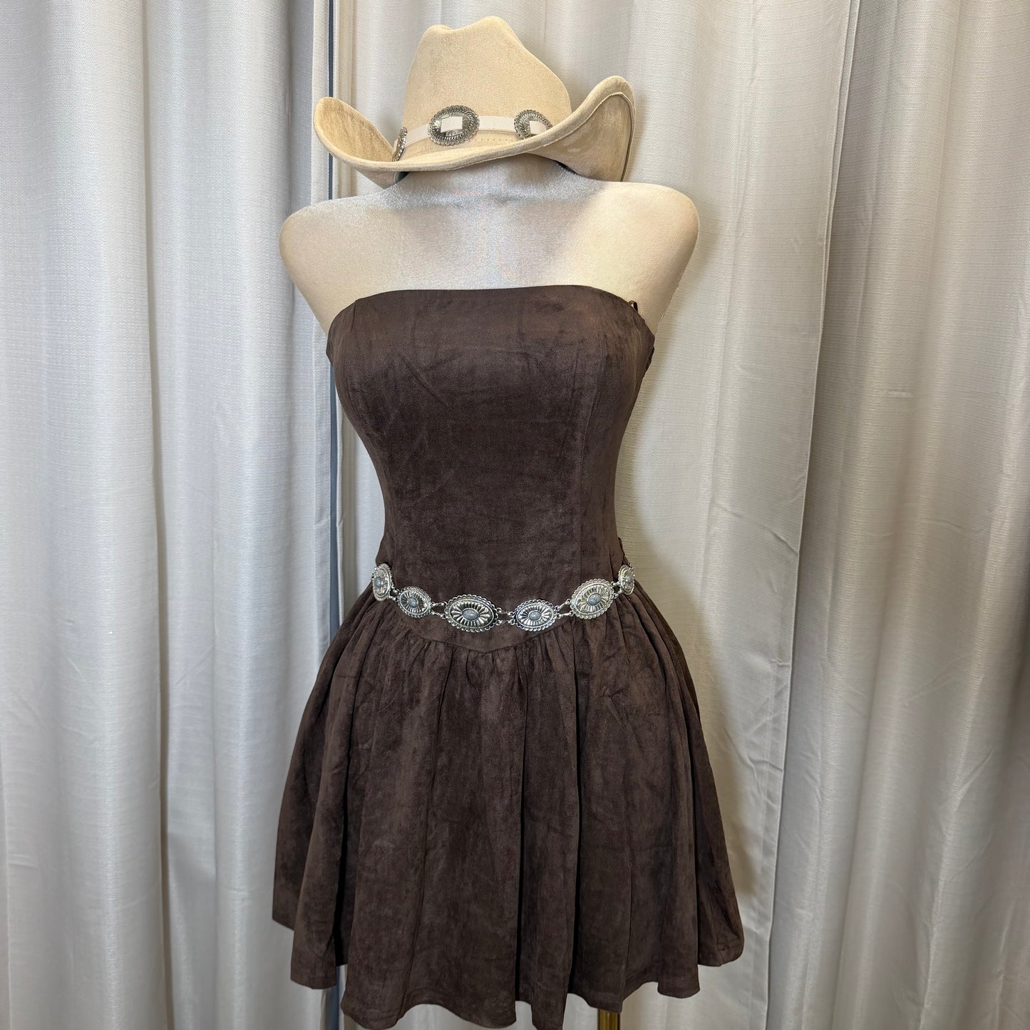 Suede Strapless Tube Mini Dress-Brown