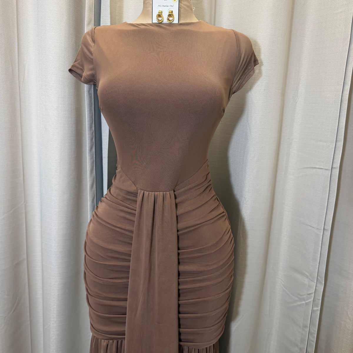 Short Sleeve Solid Mesh  Maxi Dress-Brown