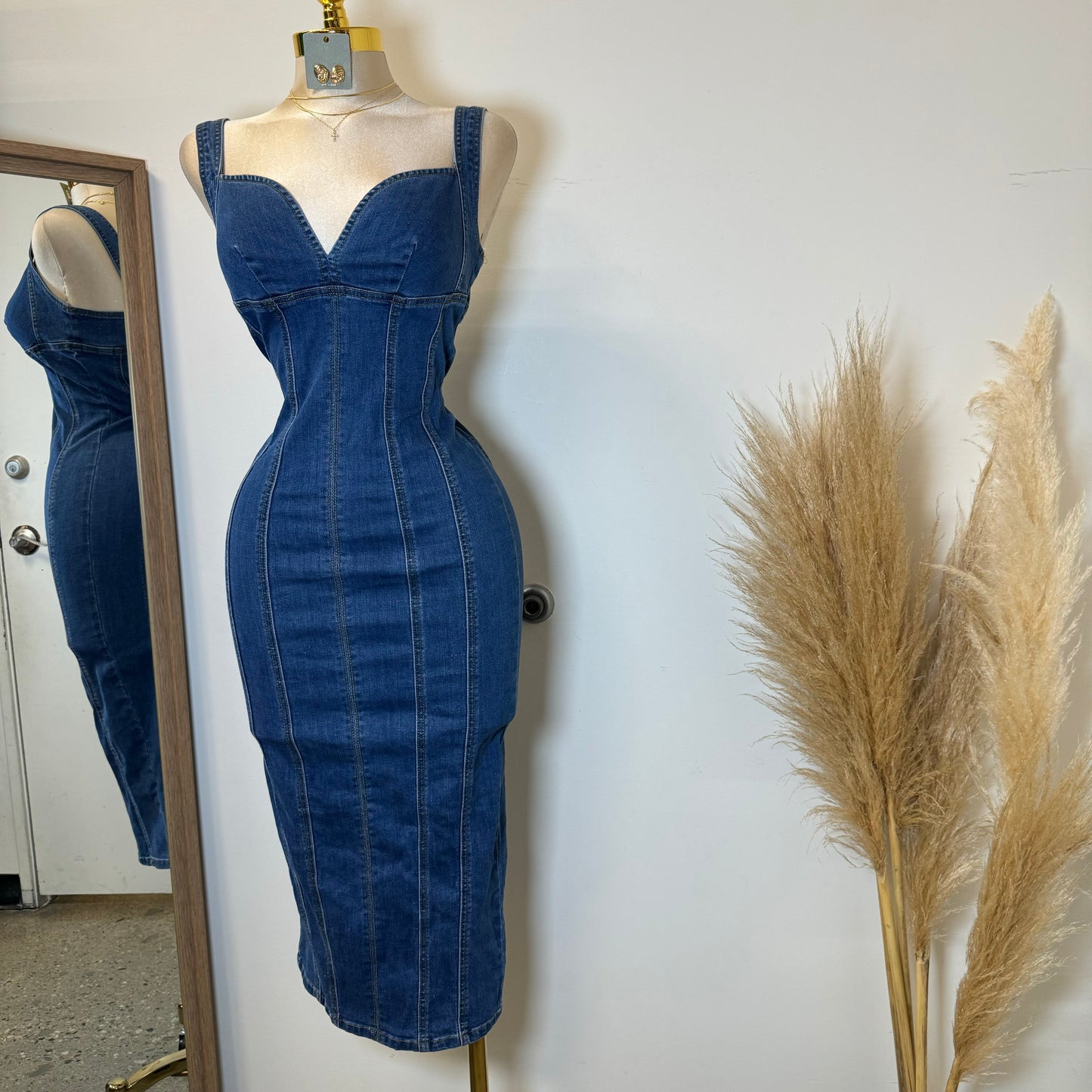 Denim Midi Dress-DK Blue